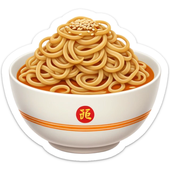 Wuhan Hot Dry Noodles with sesame paste topping, simplified emoji style with bold outlines and bright colors, cartoon style Hubei specialty breakfast sticker