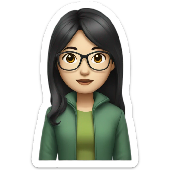Asian girl with long black hair and glasses wearing green jacket sticker