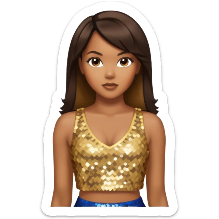 LeToya Luckett with long dark brown hair, gold sequin crop top  sticker