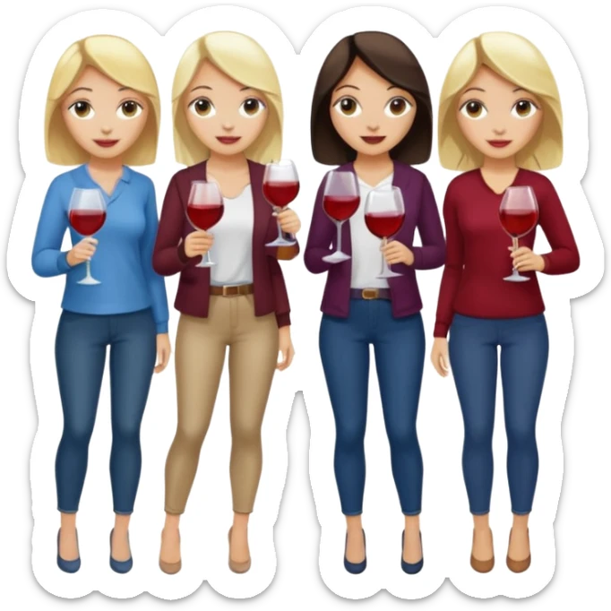 Book club girls. 2 blondes, 2 brunettes. Casual clothing. Include glasses of wine too sticker