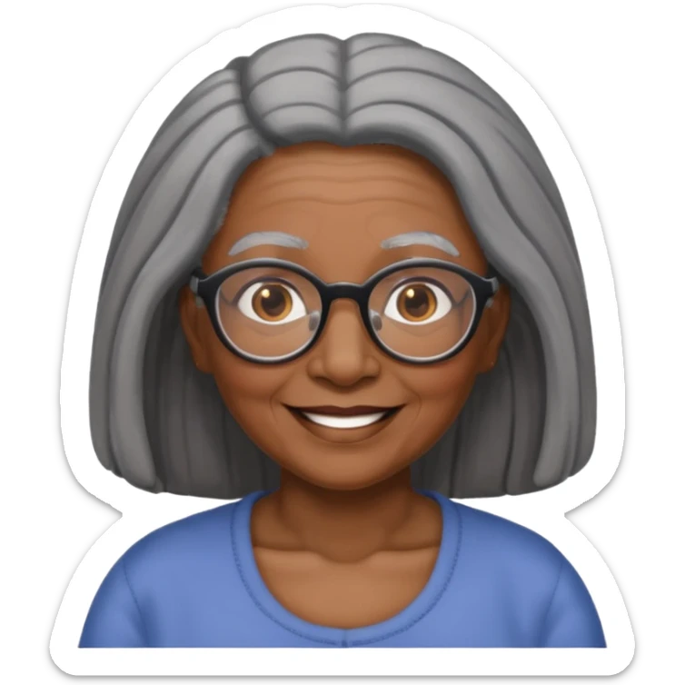 emoji of a black grandma with long hair that reaches past shoulder black and gray hair with glasses and brown eyebrows sticker
