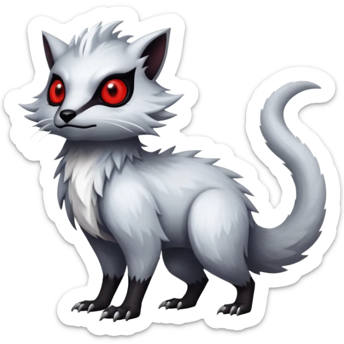 a white and silvery exotic edgy vernid-fionbr-Fakémon-creature, with black belly and red eyes, full body sticker