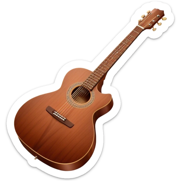 Cinematic Realistic Guitar, smooth mahogany body with deep wood grain, metal strings catching soft reflections, intricate tuning pegs gleaming subtly, warm light accentuating the contours, glowing with the warmth of music and craftsmanship. sticker