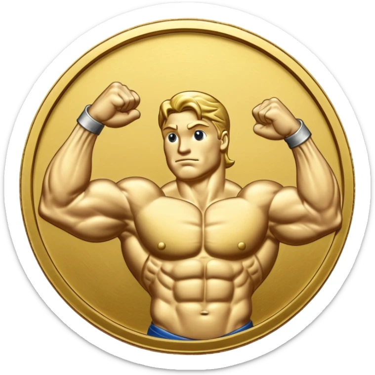 A gold coin engraved by a bent arm showing a big biceps. No human, only the arm sticker