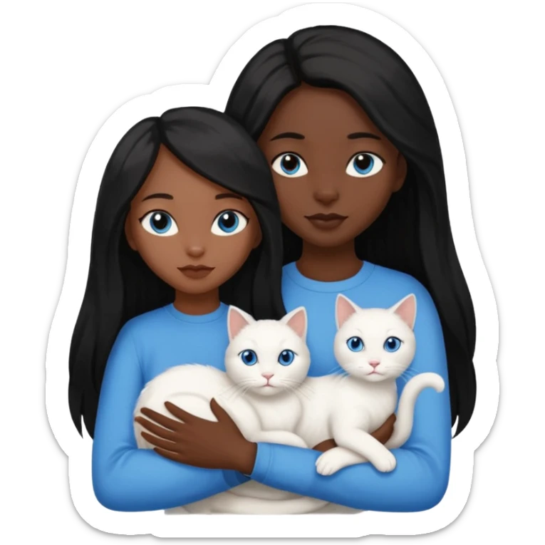 black girl with straight long black hair with a side part.  holding a female white cat sticker