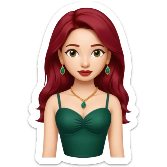 pretty bratz genmoji that looks like tamannah bhatia (bollywood actress), wearing a dark green sweetheart neckline top, dark red hair, light makeup, no necklace, dangly earrings, side hair part sticker
