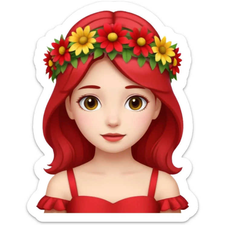 girl with flower crown in red dress and colored flowers sticker