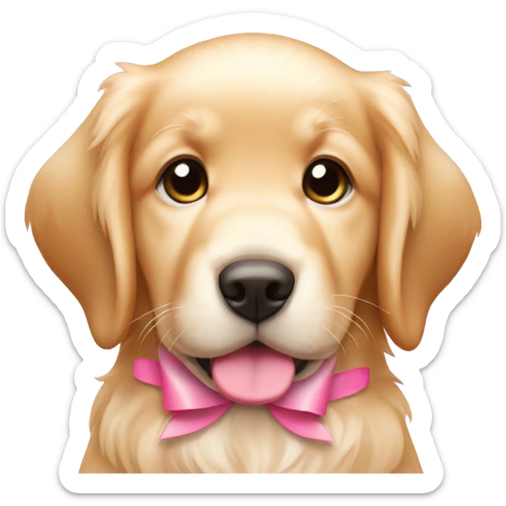 female golden retriever puppy with pink bows on head and ear sticker