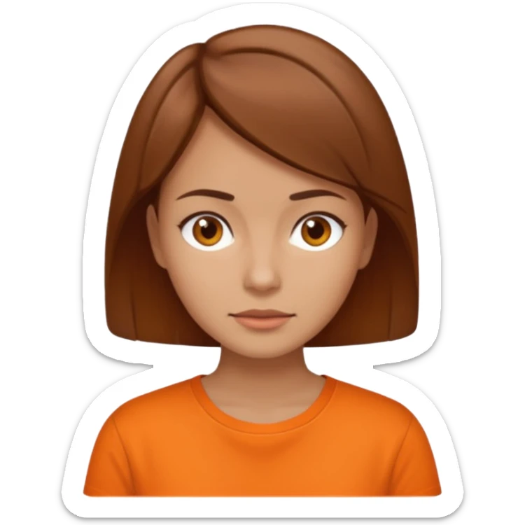 brown haired woman no smile with orange shirt short hair sticker
