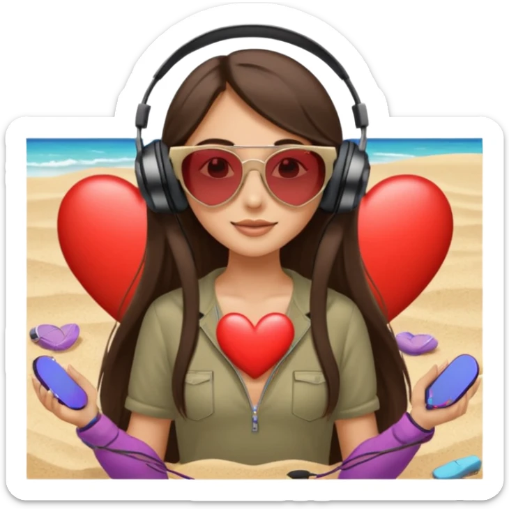 girl with long straight brunette hair heart sunglasses headphones relaxing on sand sticker