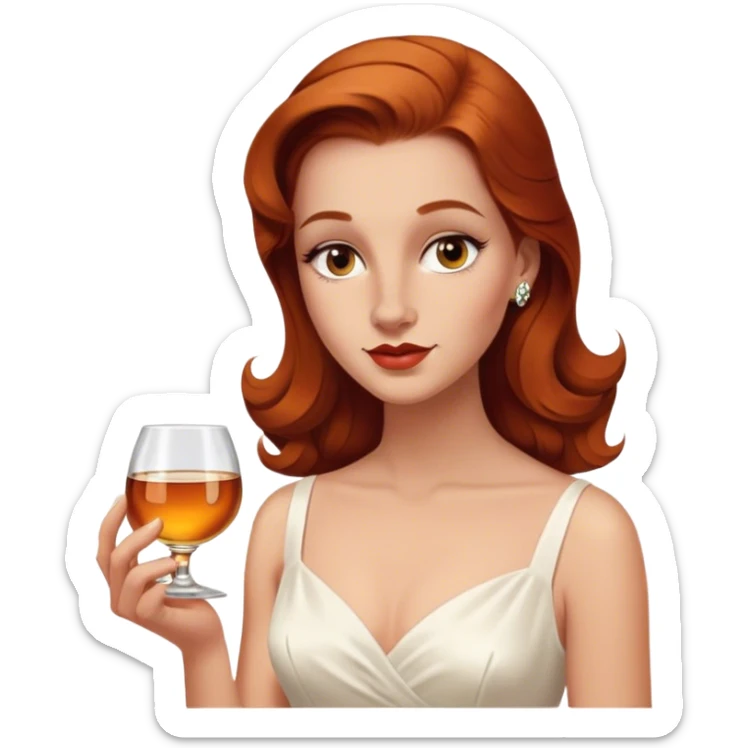 normal nose oval face Beautiful woman in 1950’s woman fashion look, no jewelry, white dress, long auburn hair, whisky sticker