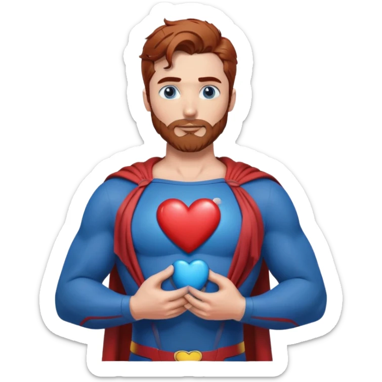 Adult-tall-full body- Superman-with redish brownish messy hair-full neatly trimmed beard-blue eyes-holding a blue heart with both hands on chest sticker