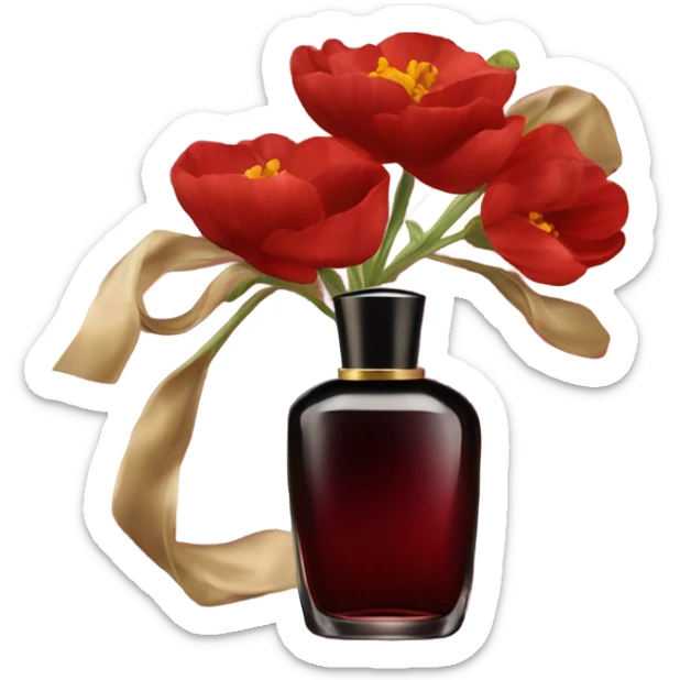 Dark red sophisticated perfume bottle with red buttercups and a silk scarf sticker