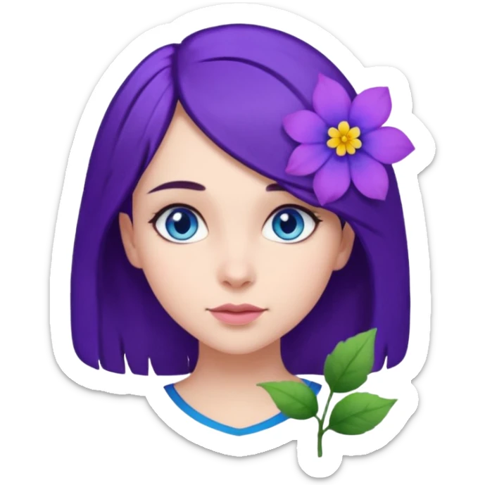 Create a girl of European appearance who looks sideways with dark brown hair, blue eyes and a purple hair flower sticker