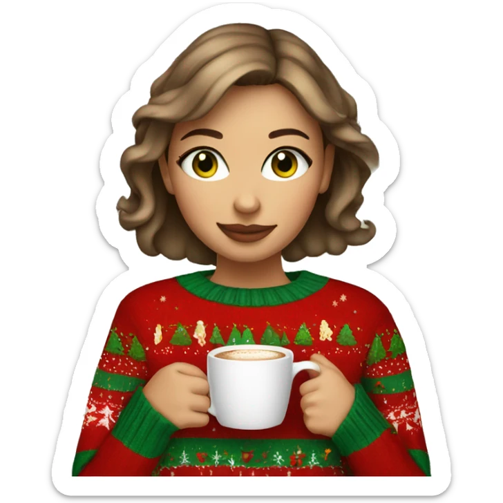 Short haired light brown girl with green eyes drinking coffee wearing Christmas sweater sticker