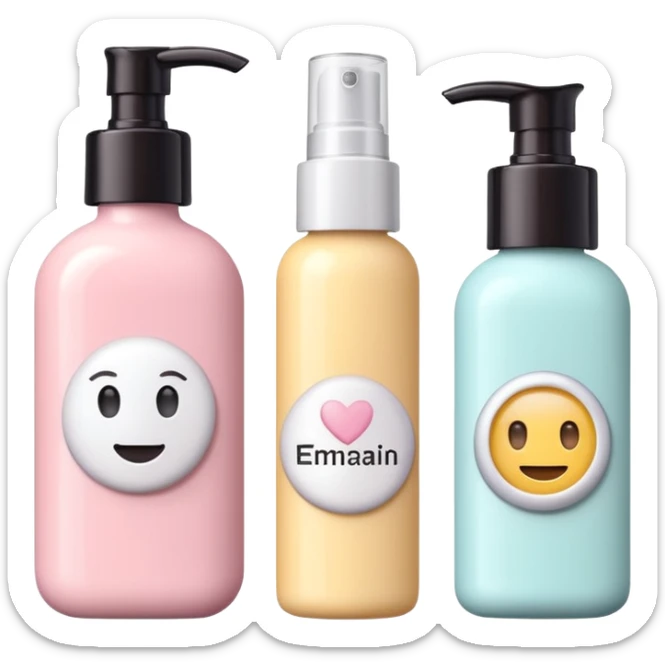 emoji of three different beauty products, with brand labels, minimalistic but luxury design (realistic), pastel colors sticker