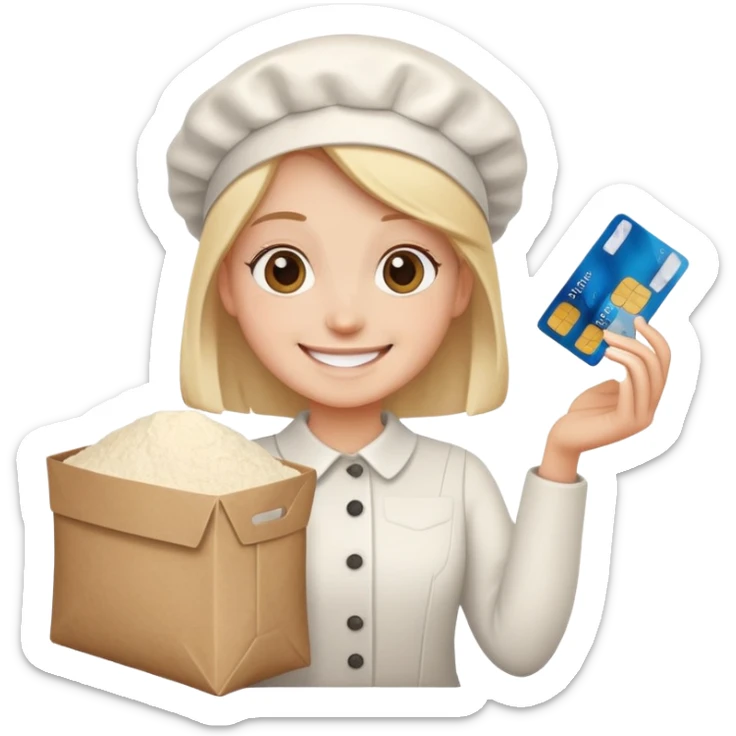 Happy face with a credit card and a pile of flour sticker