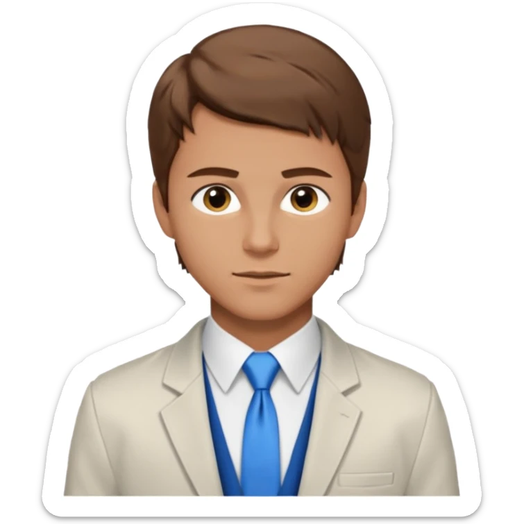 un homme type caucasien brun plutot jeune avec des jolies traits avec une chemise blanche et une veste a manche longues et cravate bleu il a les yeux marron sticker