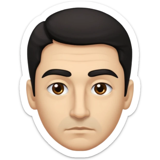 emoji a medio cuerpo, de un hombre, con cejas gruesas inclinadas hacia abajo, nariz medio grande, hombros anchos, sin sonrisa, hombros anchos, cabello medio ondulado con un corte juvenil, cabello negro. ojos negros. sticker