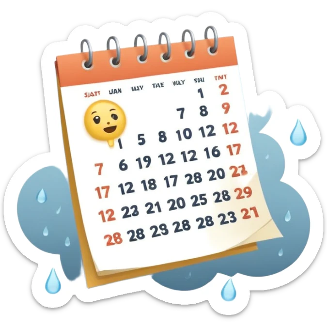 Minimalist emoji of a tilted, crumpled calendar page with faint, incomplete checklist marks, a small rain cloud dripping above it, and a dim, muted colour palette to symbolise a productivity slump and lost discipline. Flat vector style, soft shadows, transparent background sticker