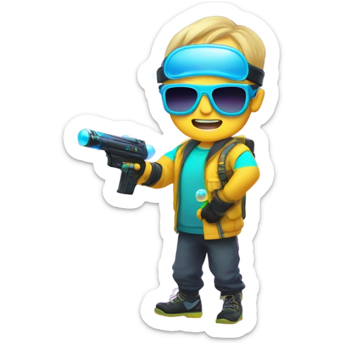 Caucasian boy in glowing rave gear with sunglasses and mask and headlamp and shooting a bubble gun sticker