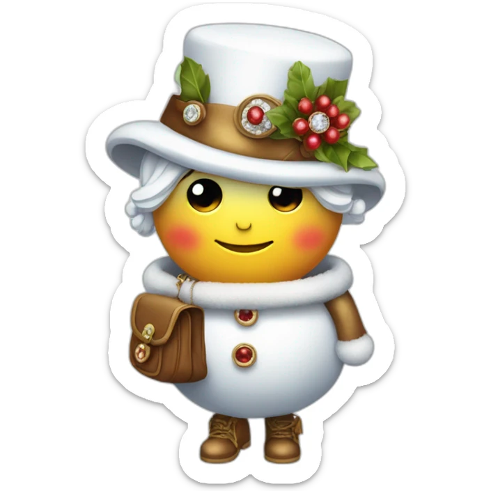 snow woman with designer top hat eyes and buttons are made of precious gems holding a purse in stick arms with a back pack on sticker