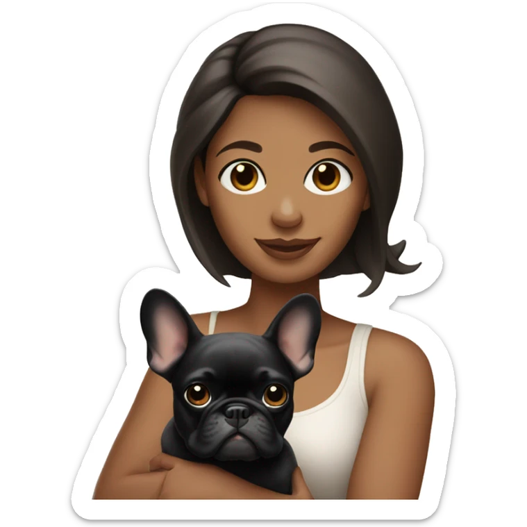 Brunette Woman holding black and tan French bulldog sticker