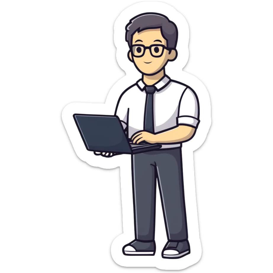 full body male teacher in casual clothes holding a laptop sticker