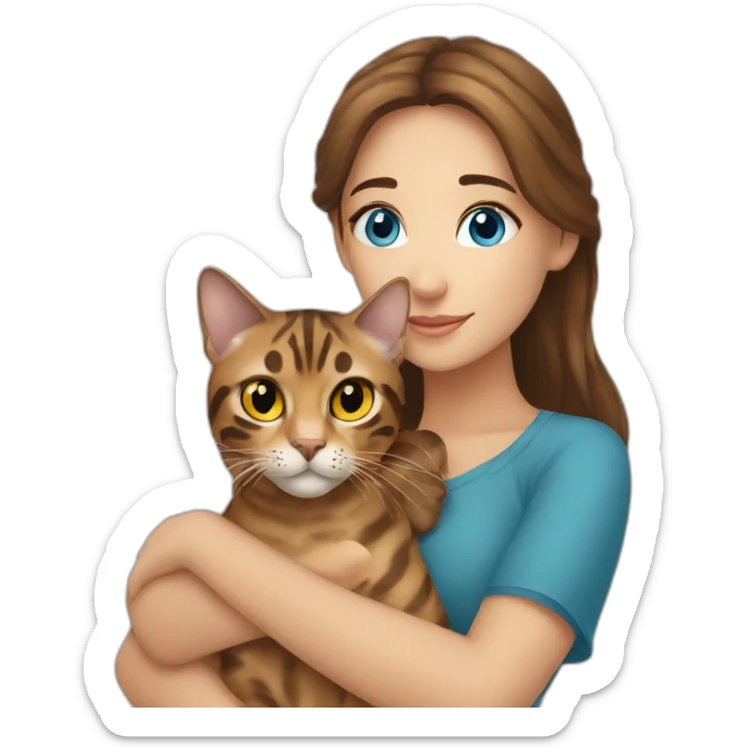 a beautiful girl with blue eyes and brown hair is holding a Bengal cat with yellow eyes in her arms sticker