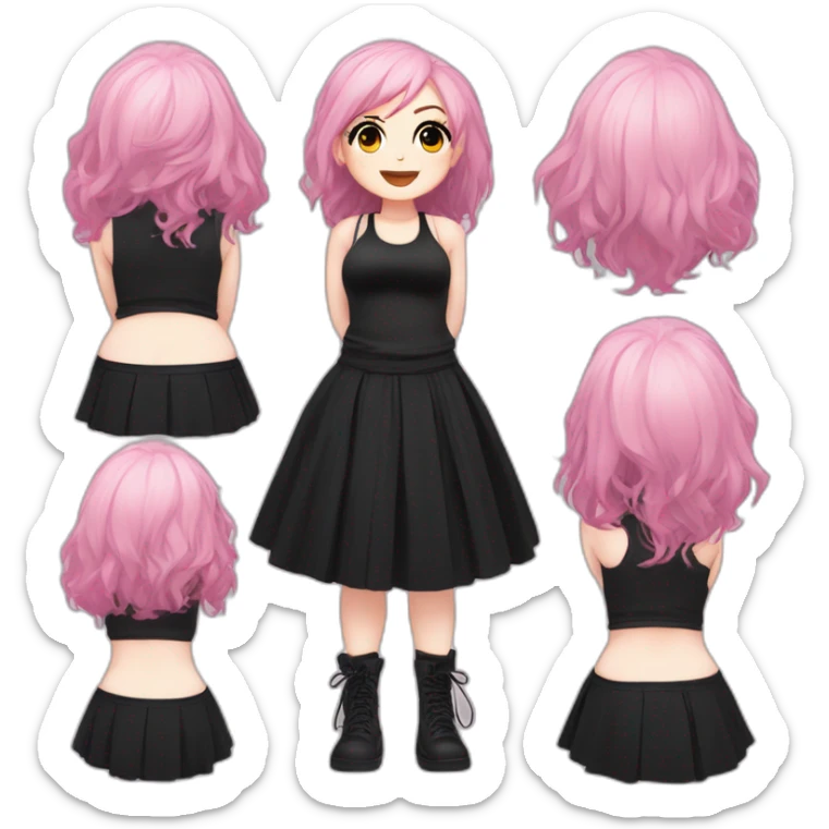 Full body Front view curvy emo girl pink hair sits on the floor straight view hands up black skirt белые трусики полосатые рваные чулки sticker