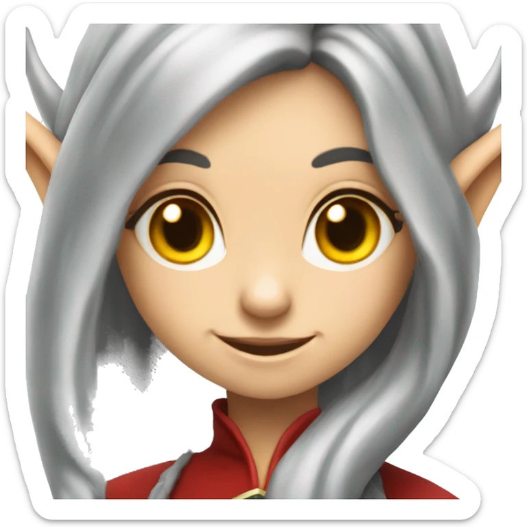 A young female elf with gray long hair, yellow eyes and red dragon horns and a sly smile sticker