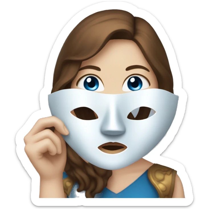 A girl with blue eyes, white skin and brown hair, holding a theater mask in her hand sticker