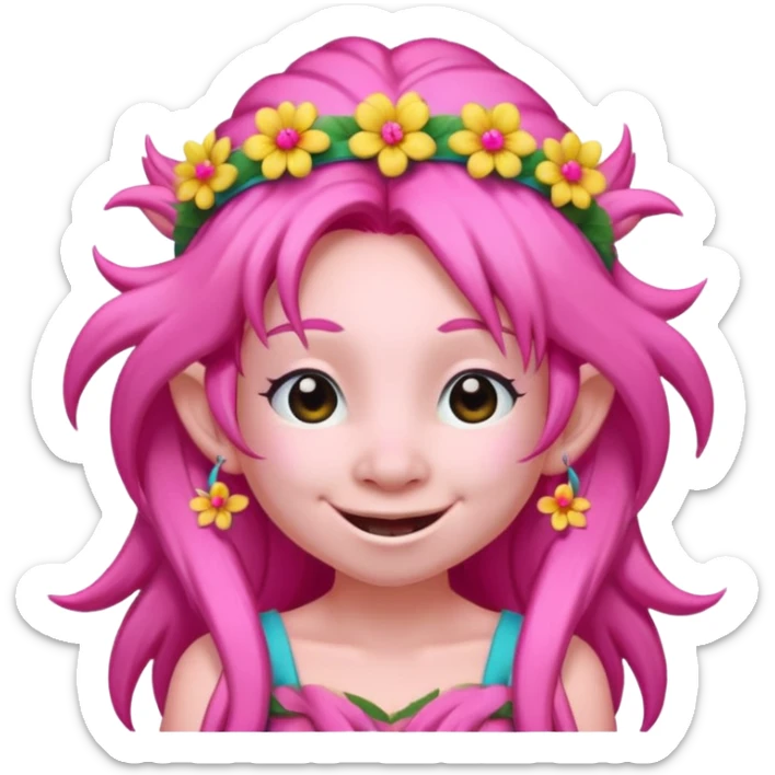 pink troll character, long hair, flower headband, joyful sticker