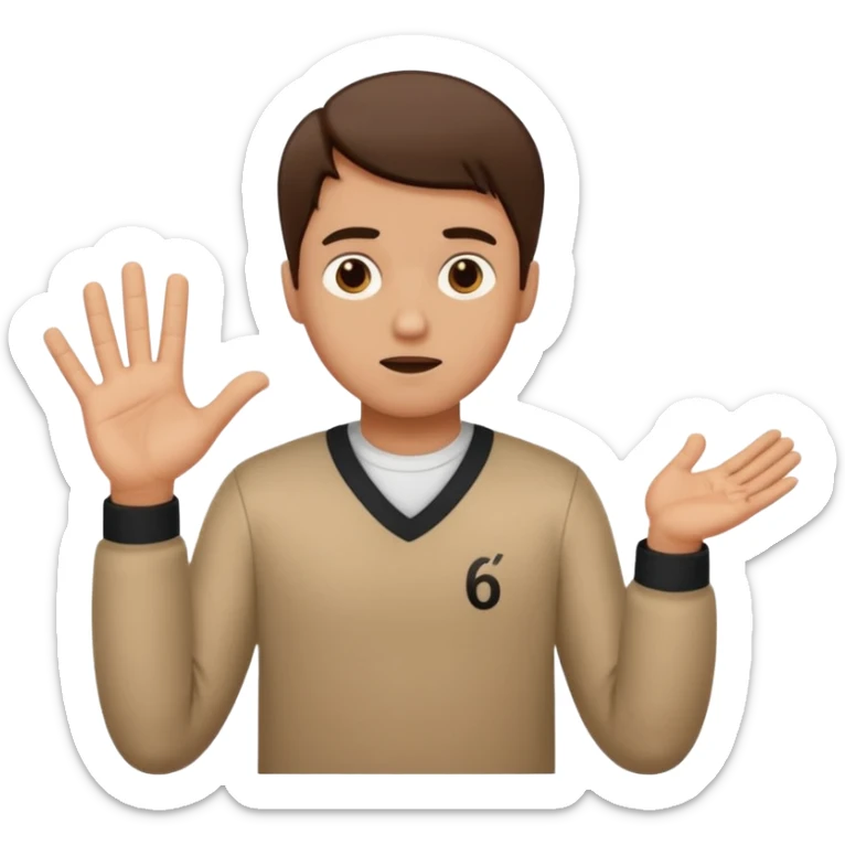 a man shrugging but a number six on theleft hand and number seven on the right hand sticker