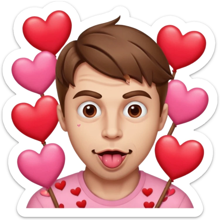 A cross eyed man with brown hair goon face their tongue out far with Valentine’s Day decor/hearts around eyes facing different directions sticker