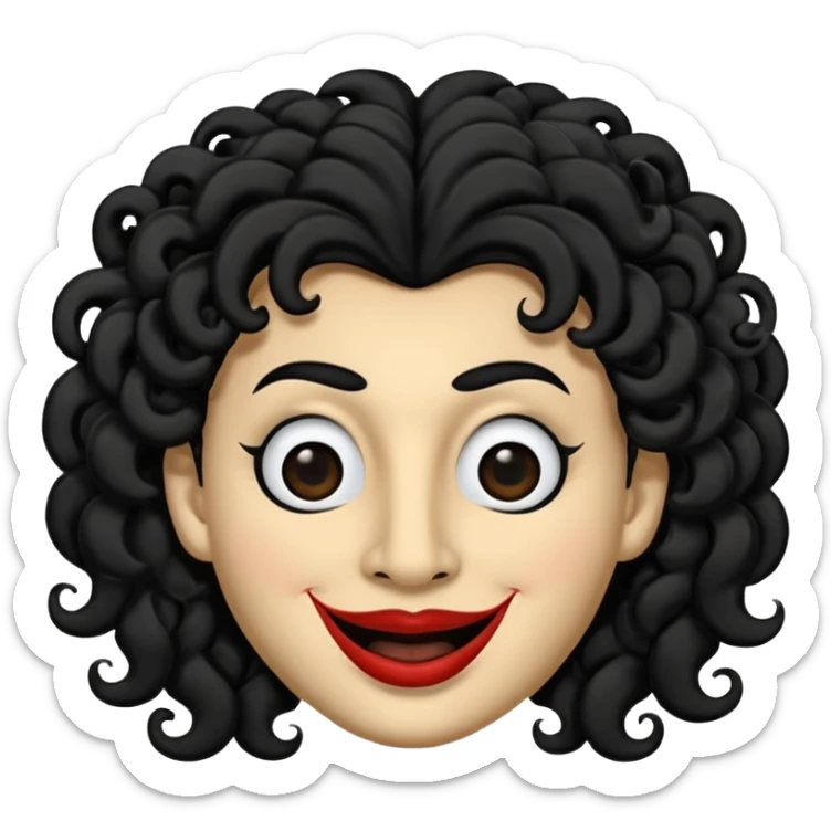 generate mask emoji with a big curly black hair 

black coloured  smiling lips and no teeth, long and pointy white nose with no nostrils, pitch black eyes with no pupils, no brows sticker