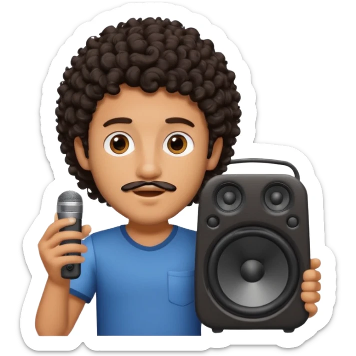 Boy with tanned skin, dark curly hair, a bit of a beard, and a music speaker in his hand. sticker