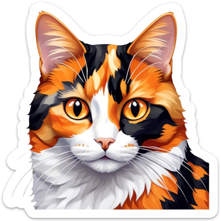 Cinematic Noble Calico Cat Portrait Emoji, Poised and regal, with a striking patchwork fur in vibrant orange, black, and white hues, delicate whiskers and a refined, focused gaze, simplified yet exquisitely detailed, glowing with a soft, moonlit radiance and an air of aristocratic elegance, high shine, exuding dignified intelligence and poised authority, soft glowing outline, capturing the essence of a watchful and noble calico cat that appears ready to grace the screen with effortless majesty! sticker
