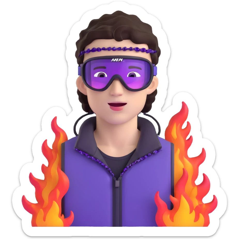 close-up of cool guy male athlete with white skin and moderately curly dark brown hair on top with shaved sides, with one purple ski goggle lens pushed up above his eyes on his forehead, sticking his tongue out of his mouth, a simple plain black chain necklace, and a completely unzipped sleeveless vest with purple and black sequin fire pattern design with no logo sticker