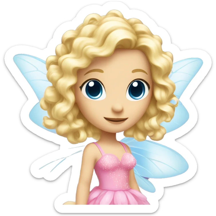 Fairy, a blonde hair with blue eyes and a pink dress with sparkly wings. Flowers. White wings. The fairy has long, curly hair with a lot of volume sticker