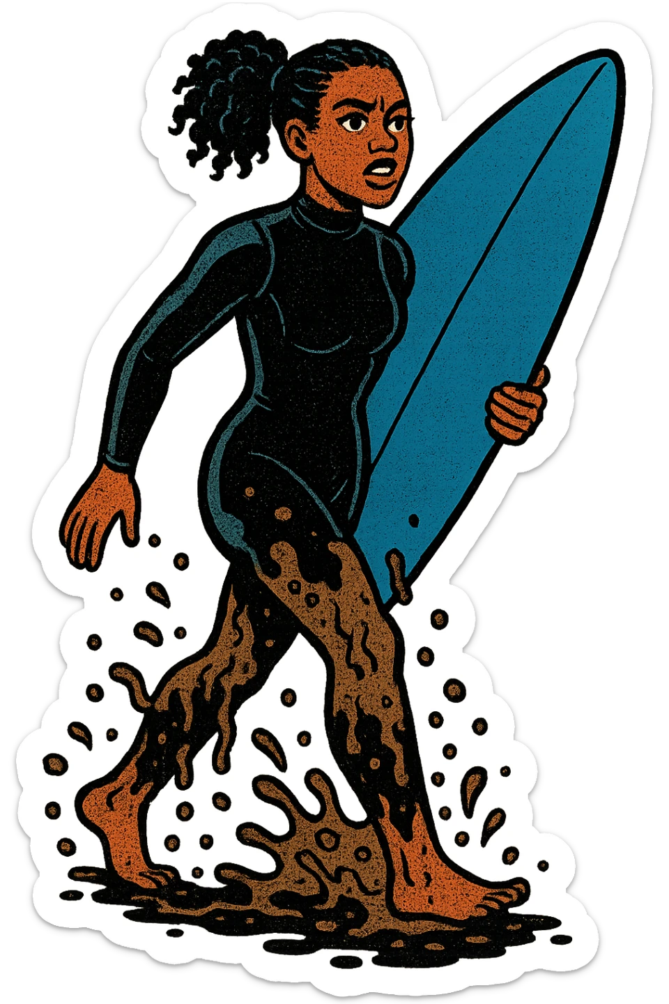 The full body of a modern day black surfer girl in her twenties carrying an upright blue surfboard and wearing a wetsuit.  The girl is covered from her waist down in sewage and pollution from the sea. sticker