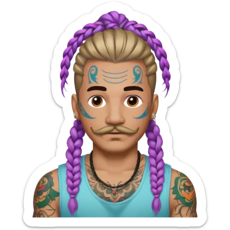 big lose braids starting from the top sides of the head hair like a unicorn man with mustache face wiith big visible loose only two braids and lots and lots of colored face tattoos colored tattoos like a tattoo artist hair unique color sticker