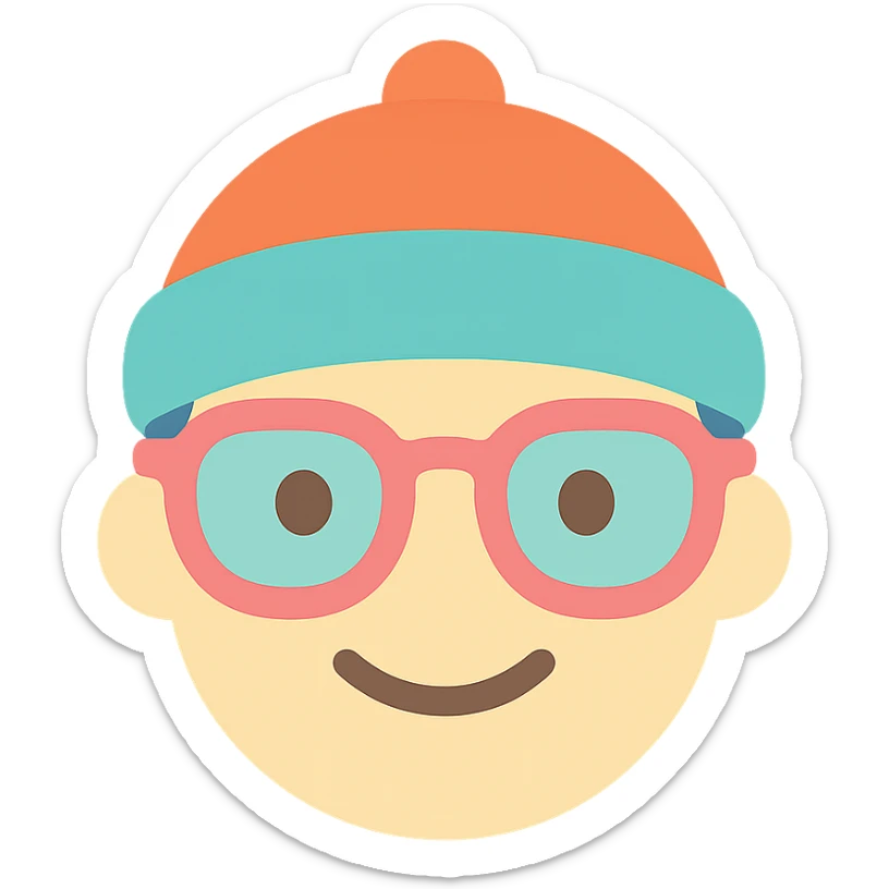 a face wearing a colorful hat and retro glasses, minimal and flat colors, icon style sticker