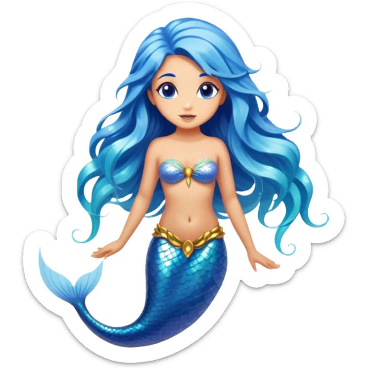 Cinematic Realistic Blue Hair Mermaid Portrait, depicted with lifelike, sun-kissed tanned skin that exudes a warm, radiant glow under gentle underwater lighting. Her intricately detailed, flowing blue hair cascades like a waterfall of ocean hues, framing deep, mesmerizing eyes that capture the vibrant spirit of the sea. Adorned with a shimmering tail and delicate tropical accents, the portrait features an enchanting underwater glow that blends realism with mythic coastal allure. sticker
