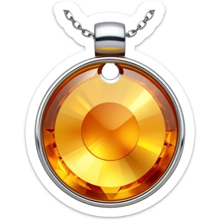 extreme close up of a round cut holographic amber charm with silver metal accent and gold chain sticker