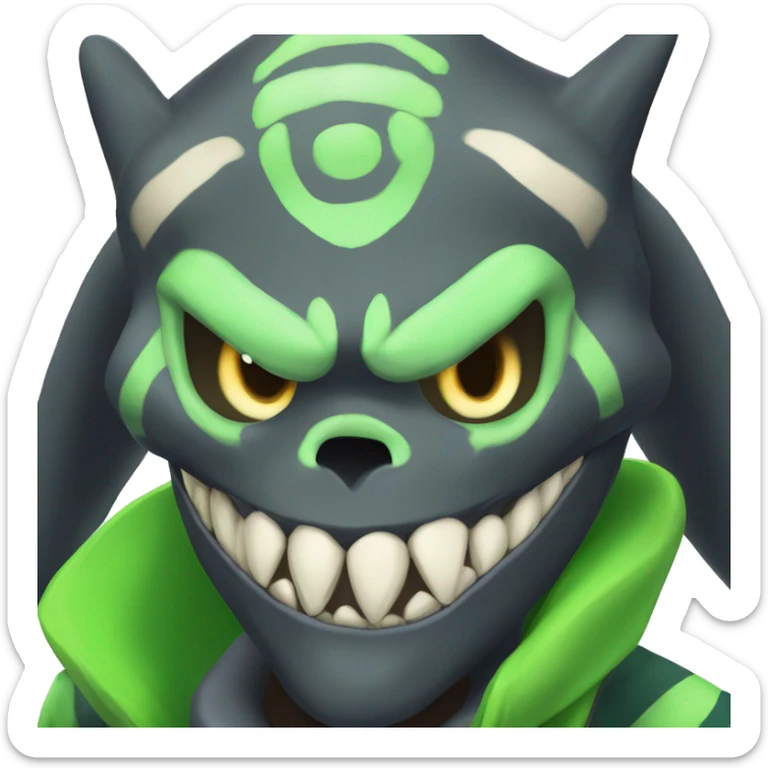 Digimon-Fakémon, horns, black body, green hair, anthro, furry, shark, skull face, skull mask, green stripes, tufted tail,  sticker