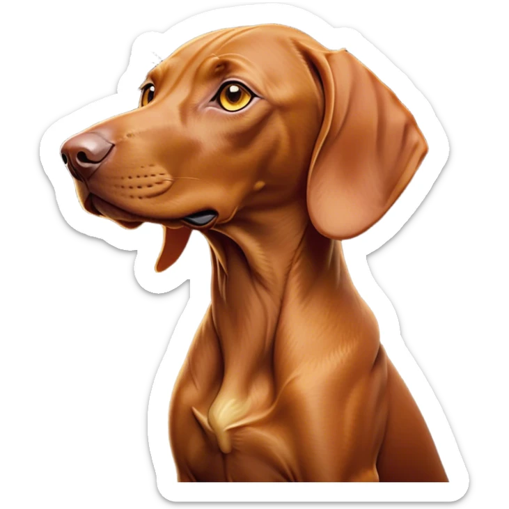 Cinematic Noble Vizsla Portrait Emoji, Poised and regal, with a sleek, athletic build and a short, smooth Fur of rust and gold, deep-set soulful amber eyes, Simplified yet sharp and sophisticated features, highly detailed, glowing with a soft, dignified glow, high shine, intelligent and agile, stylized with an air of determination, focused and attentive, soft glowing outline, capturing the essence of a watchful and confident companion, so majestic it feels as though it could sprint out of the screen with effortless authority! sticker