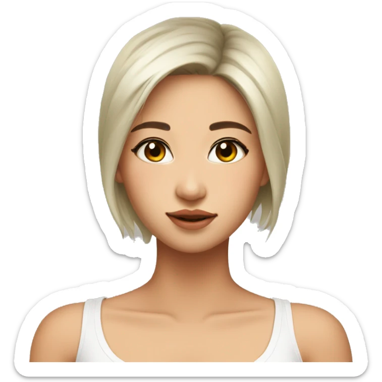 asian, white highlights hair, olive skin, wearing white v tank top, big cute eyes sticker