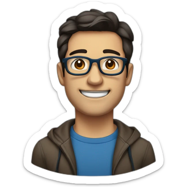 man with a tooth at the top right, with dark brown hair parted to the right with thin dark blue and black glasses, he has slightly protruding ears sticker