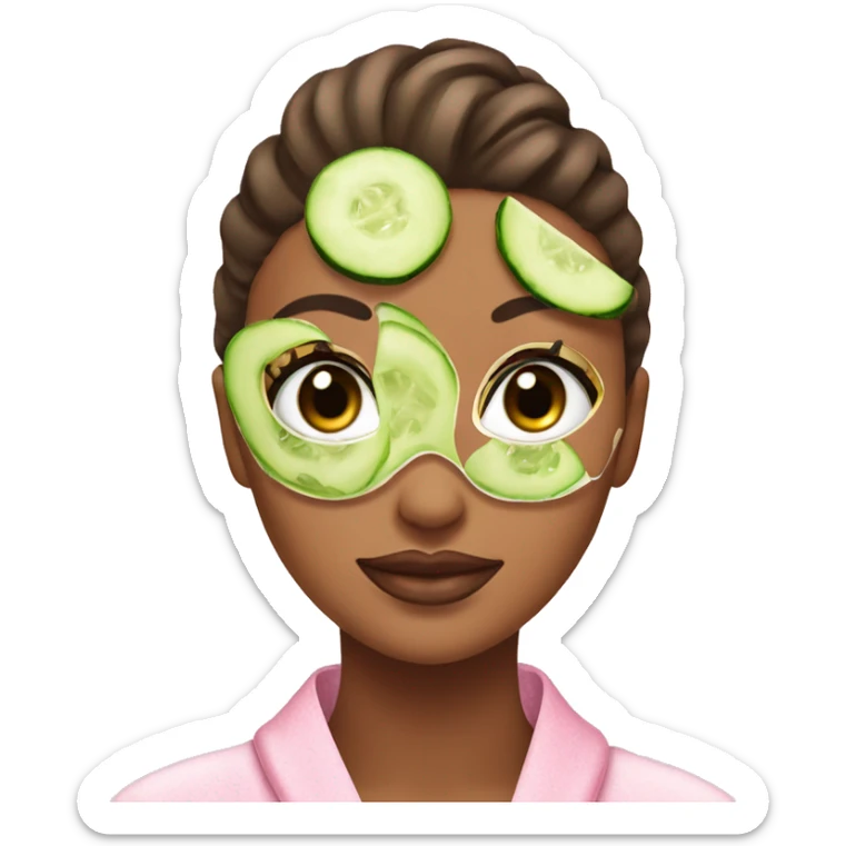 Girl with a bun and a pink robe with a green skincare mask on and cucumbers on her eyes sticker